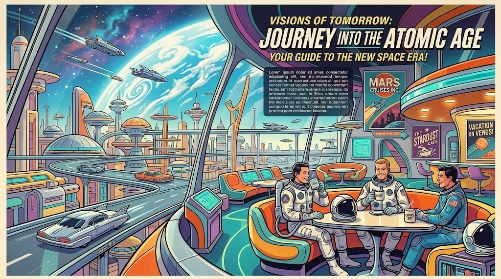 A 1960s vision of the future, chrome flying cars, astronauts