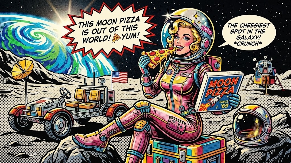 A glamorous astronaut eating pizza on the moon, bold colors,