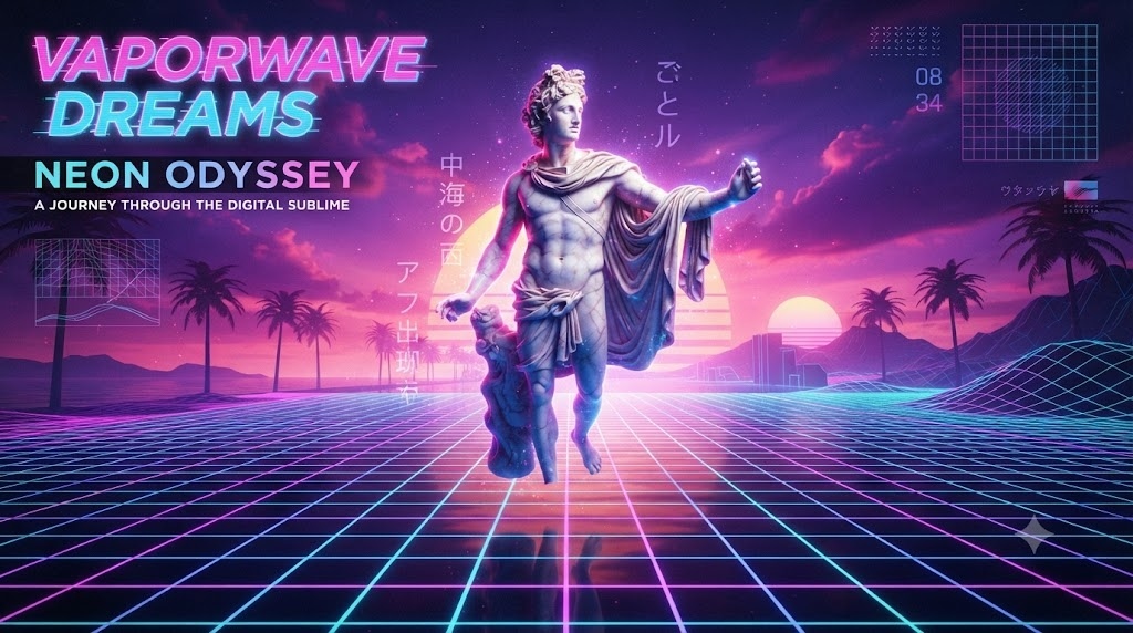 An ancient Greek statue floating above a neon grid, purple s