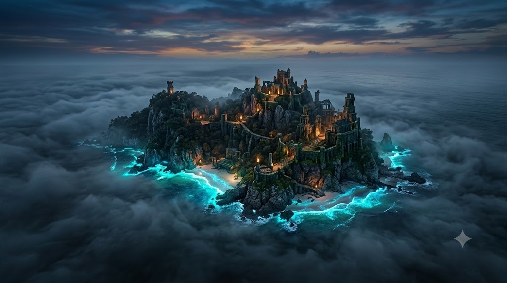 A mysterious hidden island surrounded by fog, anci