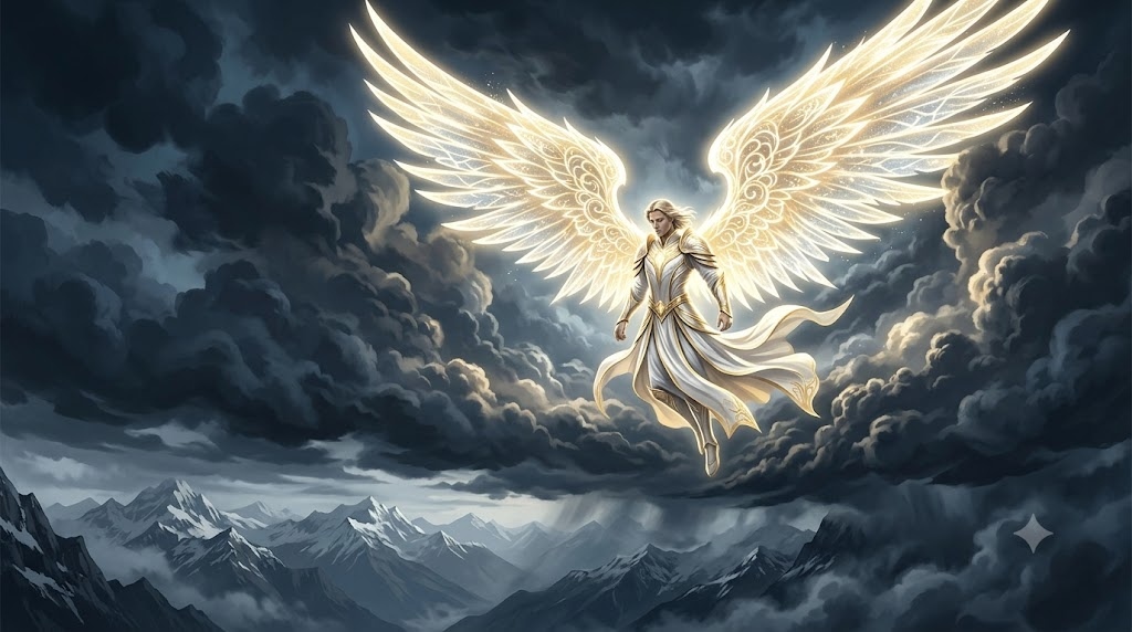 A celestial angel descending through storm clouds, enormous 