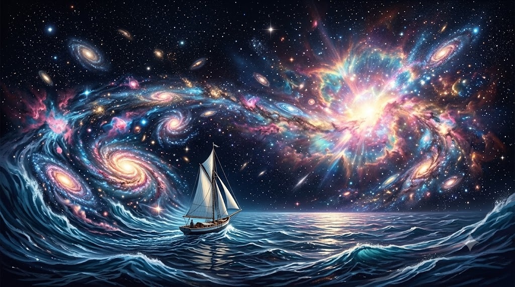 An ocean floating in outer space, waves transforming into ga