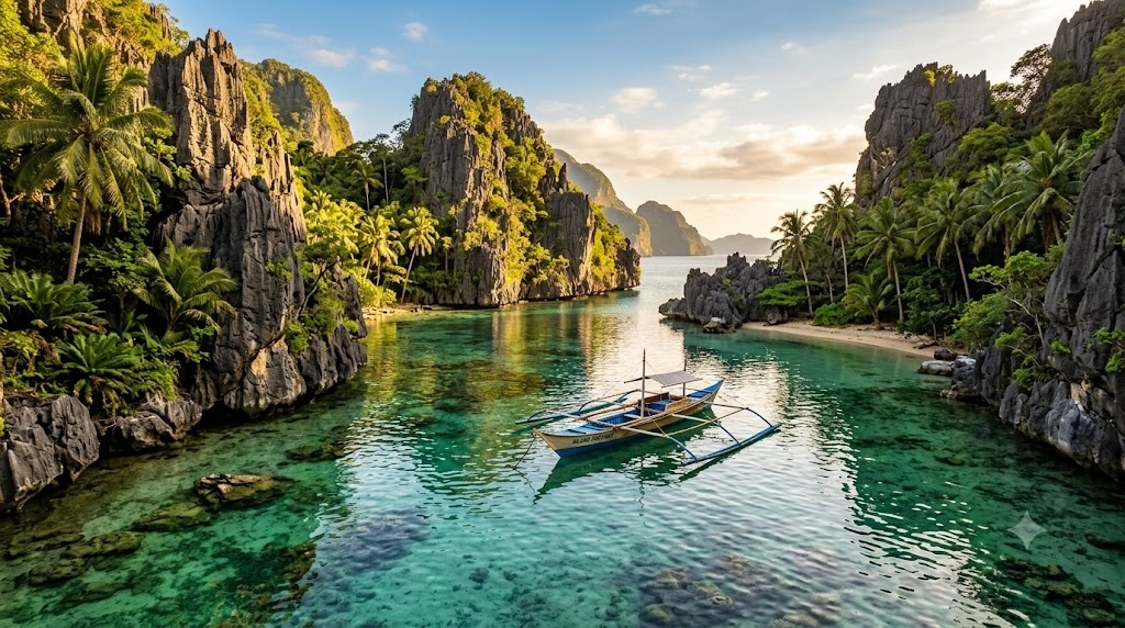 A hidden tropical lagoon with crystal-clear water, dramatic 