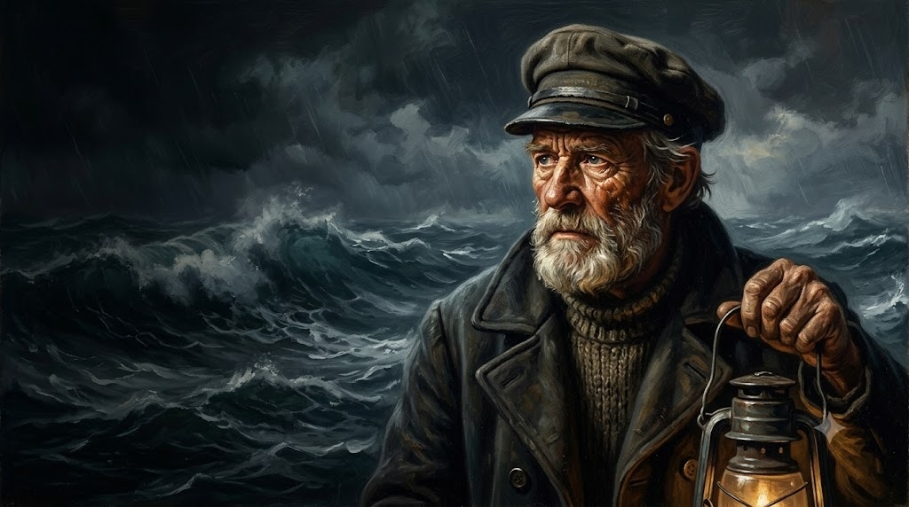 A dramatic portrait of an elderly sailor with a weathered fa
