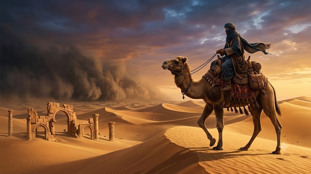 A mysterious desert nomad riding a giant camel across endles