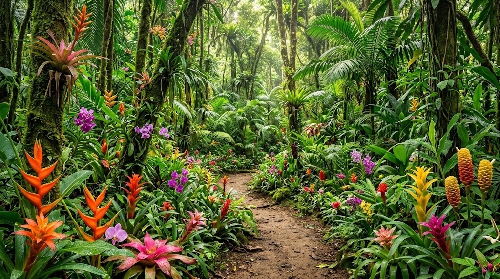 A jungle, there is lot of flower, nature, give me real photo