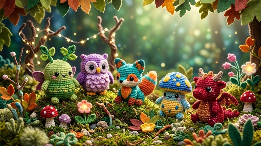 A group of adorable fantasy creatures made entirely from yar