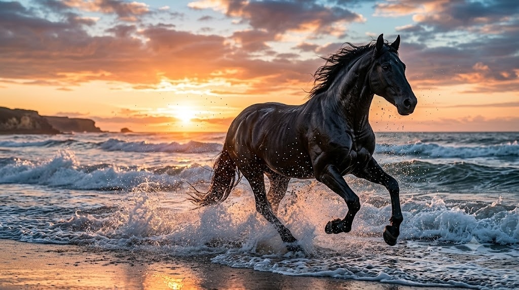 A majestic black horse running through ocean waves at sunris