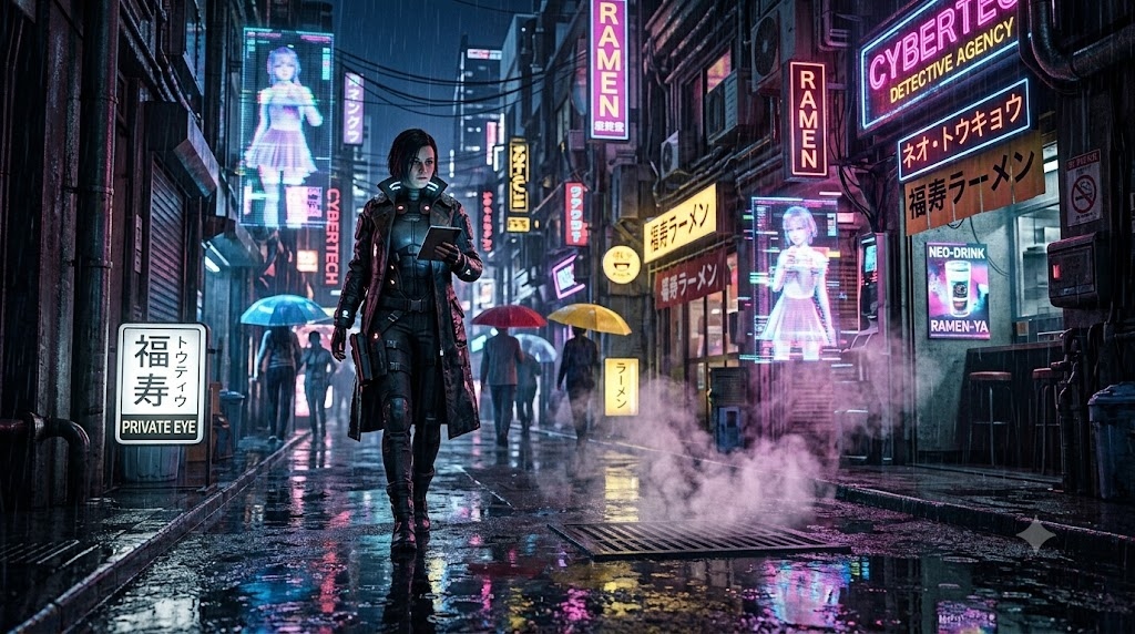 A lone female cyberpunk detective walking through a rain-soa