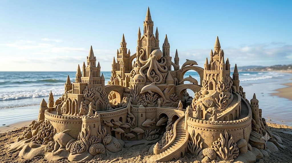 A breathtaking sand sculpture of an ancient underwater kingd