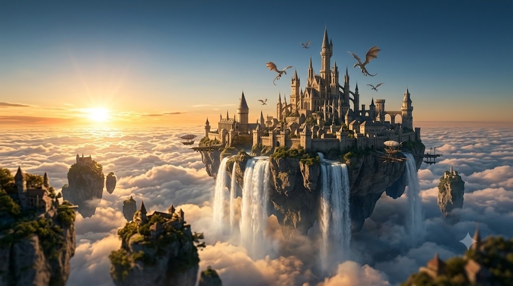 A magnificent floating medieval kingdom above the clouds, en