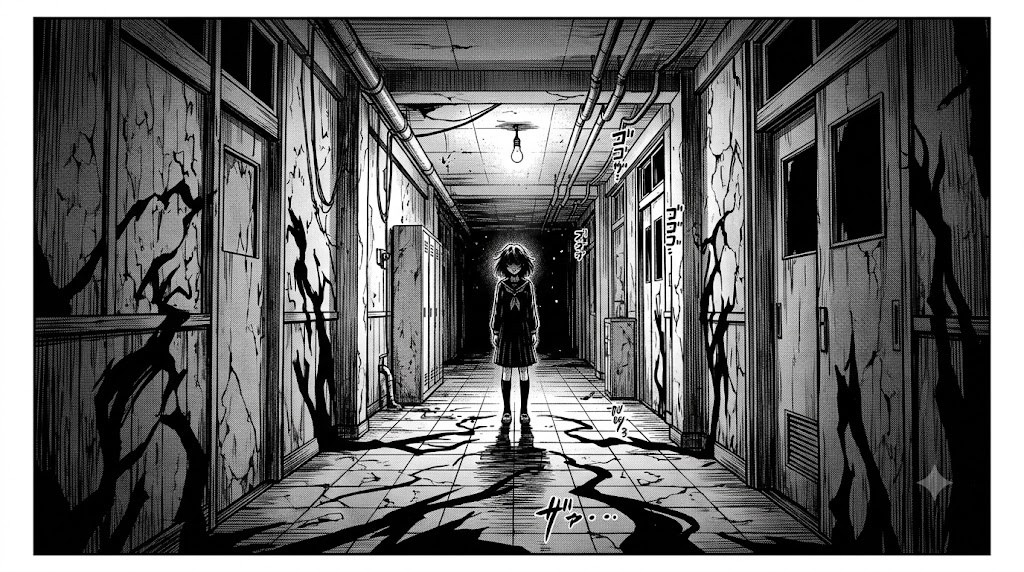 A mysterious girl standing at the end of a dark hallway, dis