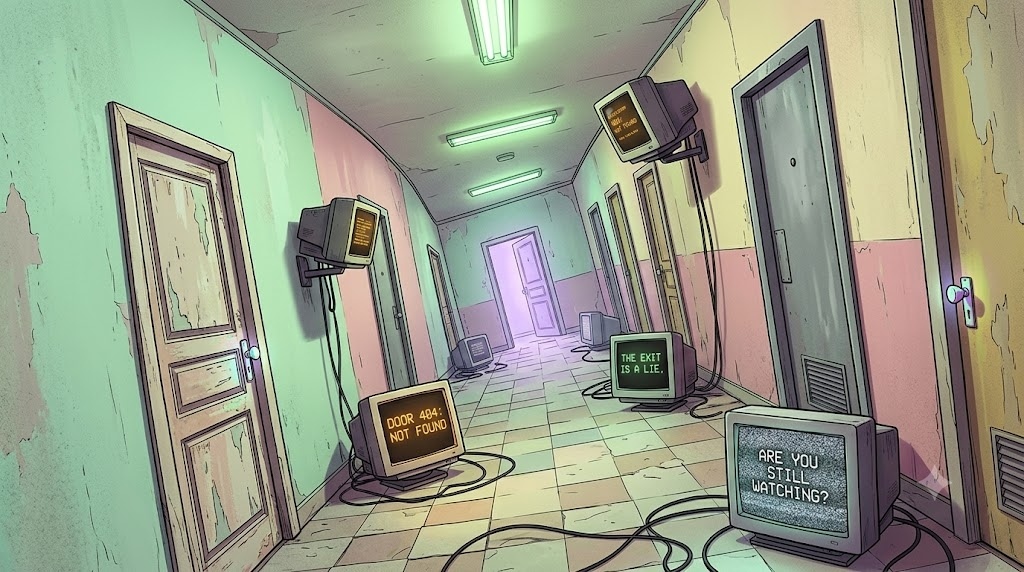 An endless pastel hallway with mysterious doors, d