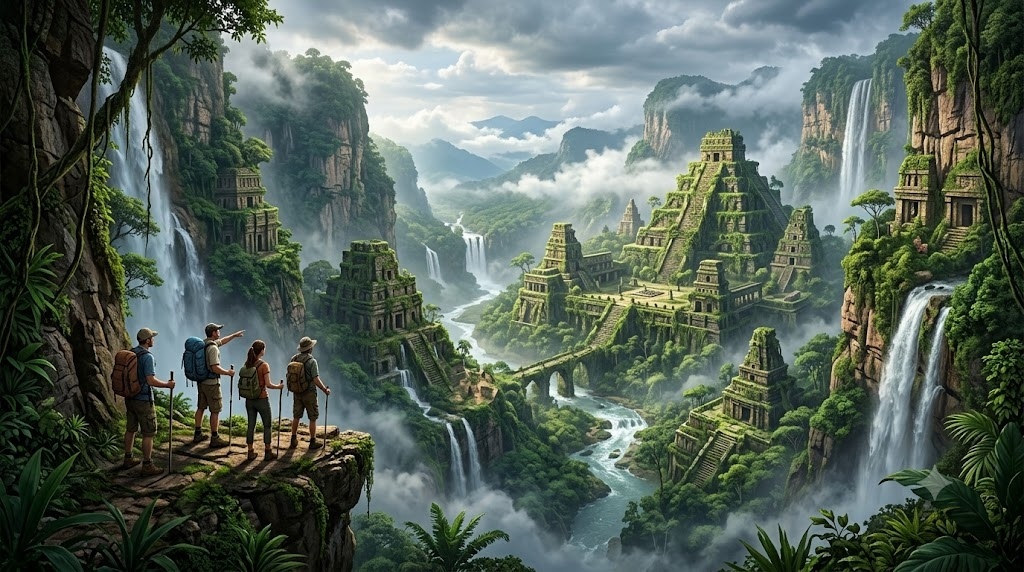 Explorers discovering a hidden ancient civilizatio