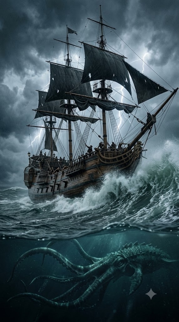 A massive pirate ship sailing through a violent st