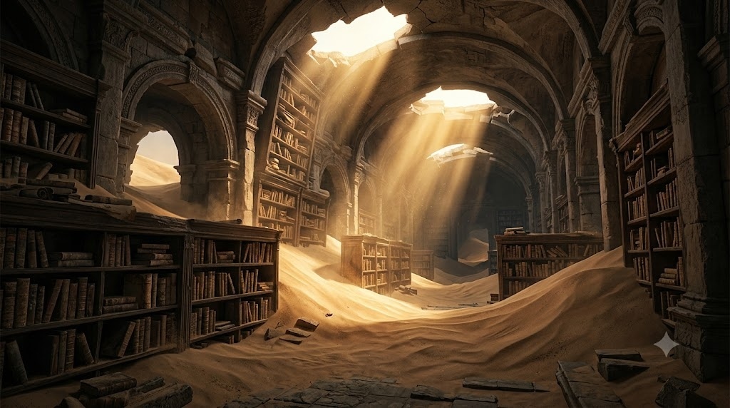 A forgotten library buried beneath desert sands, a