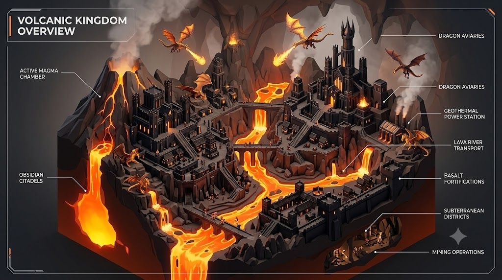 A kingdom built inside an active volcano, glowing 
