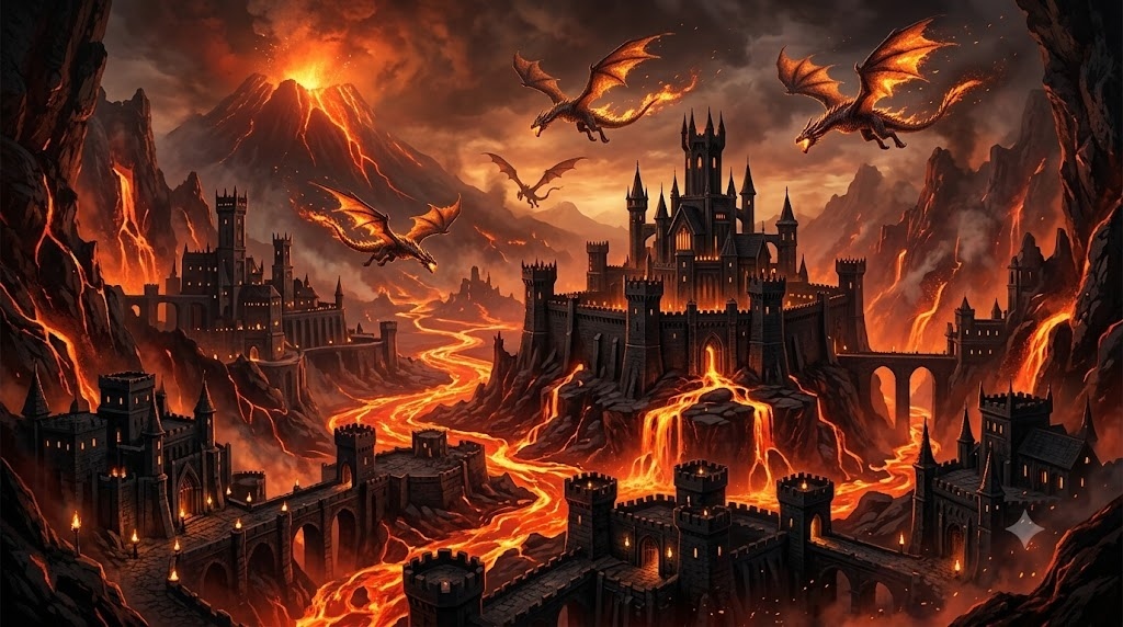 A kingdom built inside an active volcano, glowing 