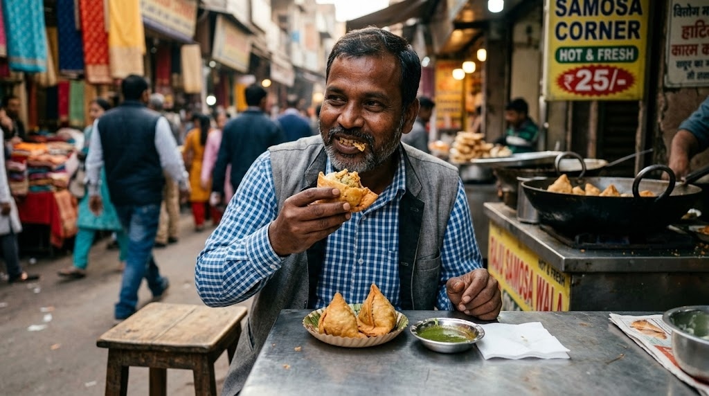 indian man eating samaso