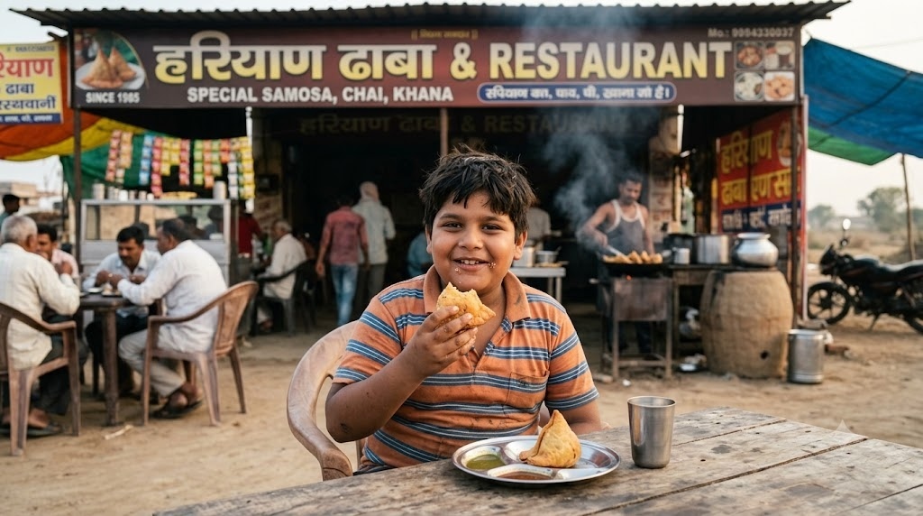Indian fat boy eating samosa at haryana with backg