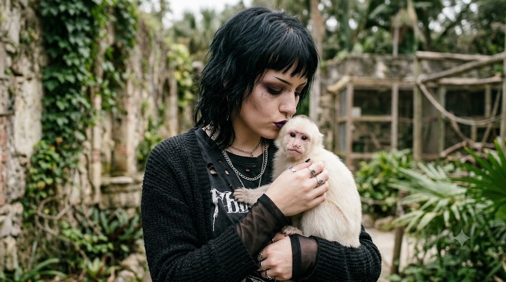 Hot goth girl kissing white monkey