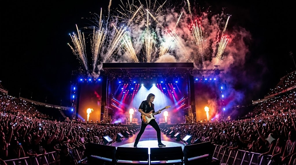 A guitarist performing on a massive stage surround