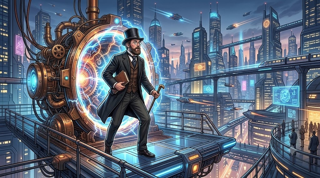 A Victorian scientist stepping out of a glowing ti