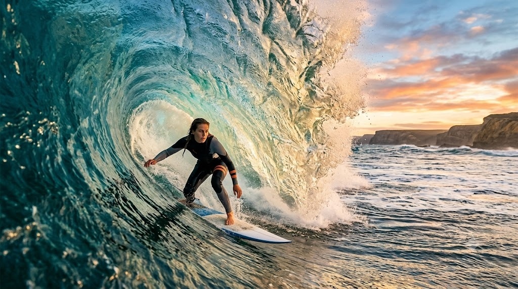 A surfer riding inside a massive translucent ocean wave at s