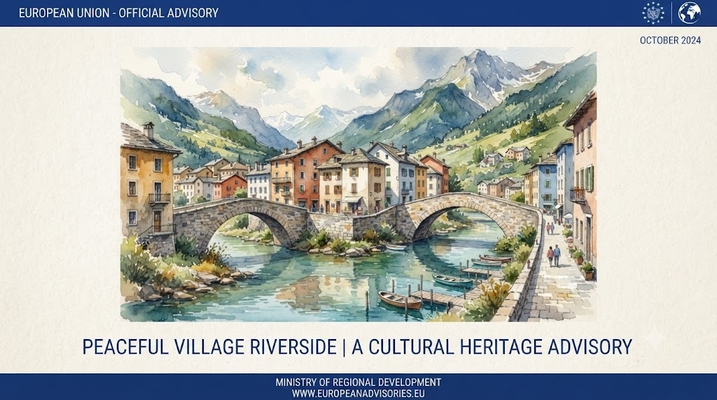 A peaceful European village beside a river, stone bridges, c