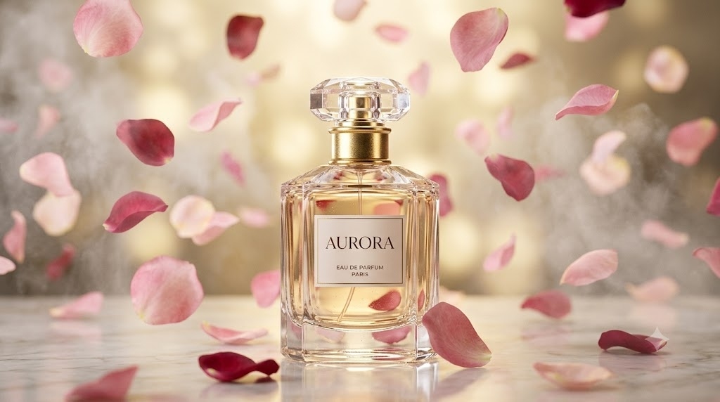 An elegant perfume bottle surrounded by floating r