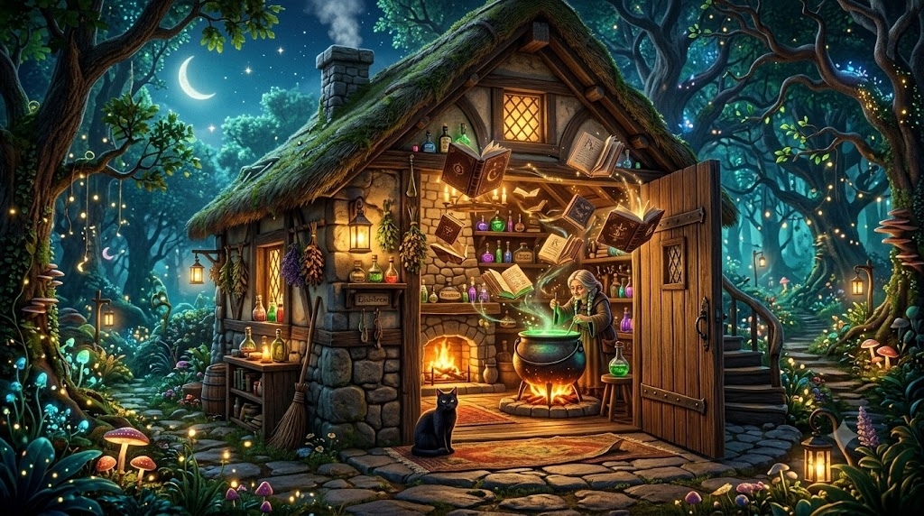 A cozy witch's cottage deep in an enchanted forest