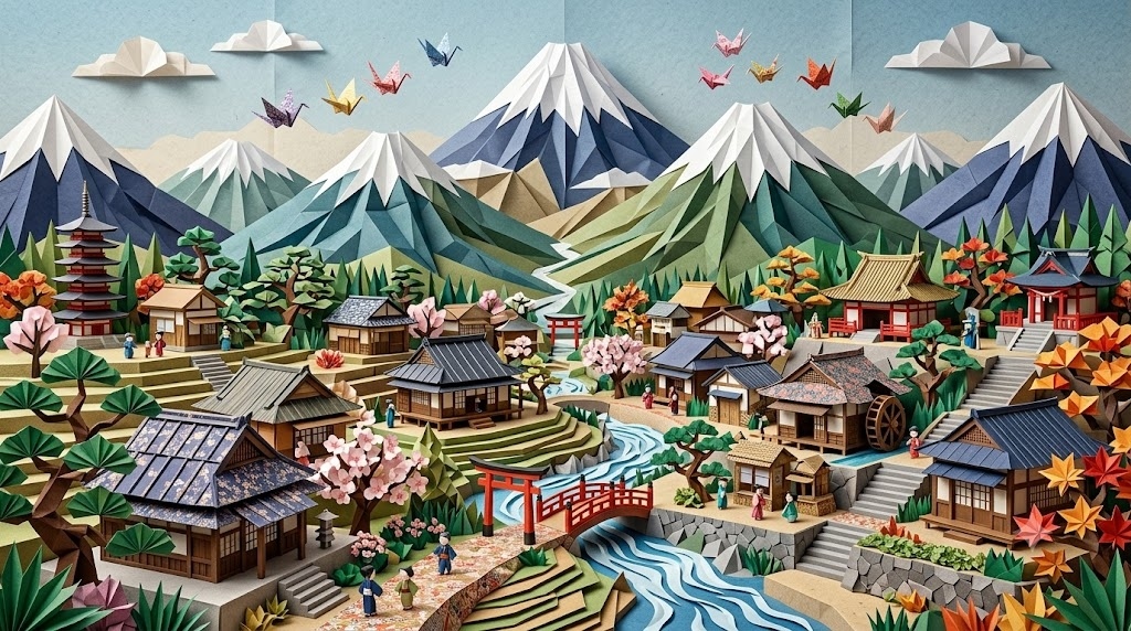 A complete Japanese village made entirely from fol
