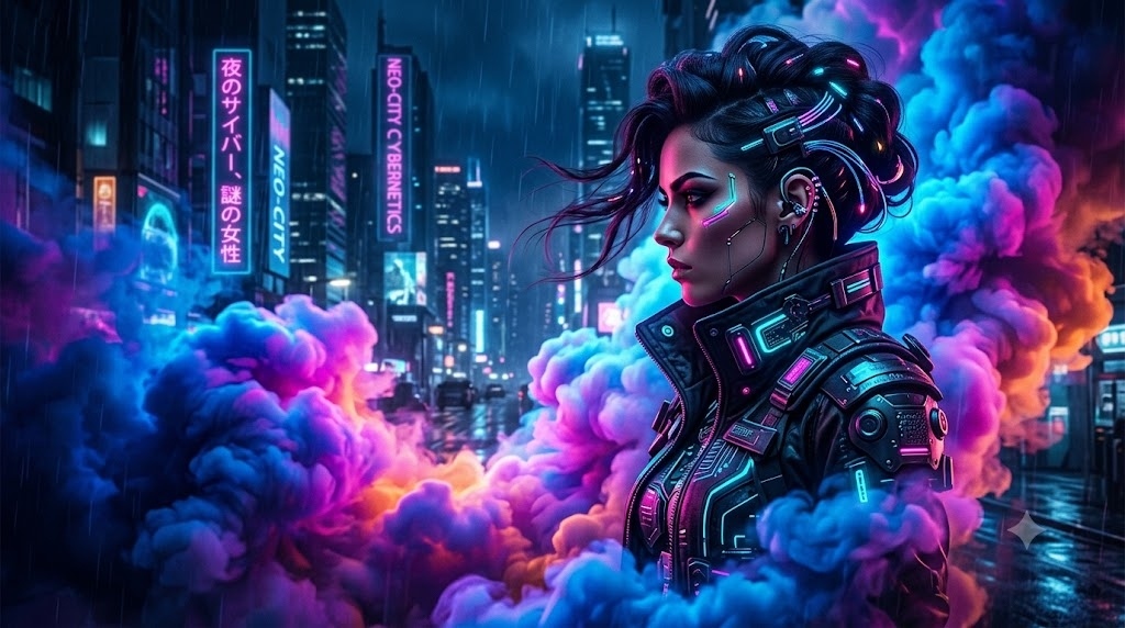 A mysterious woman emerging from clouds of glowing