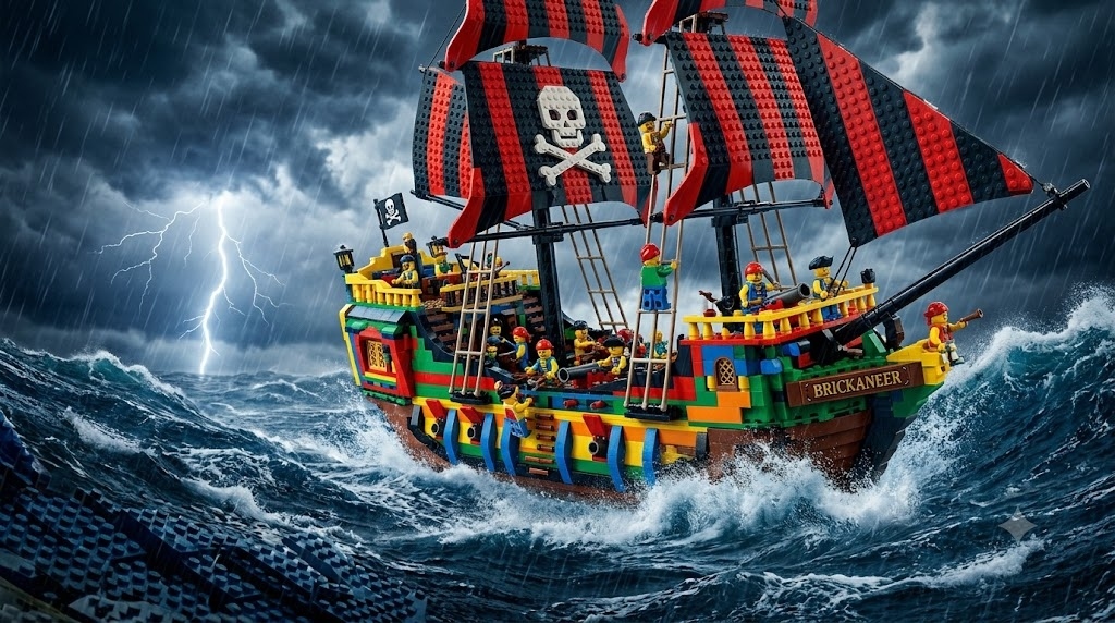 A colorful brick-built pirate ship sailing through