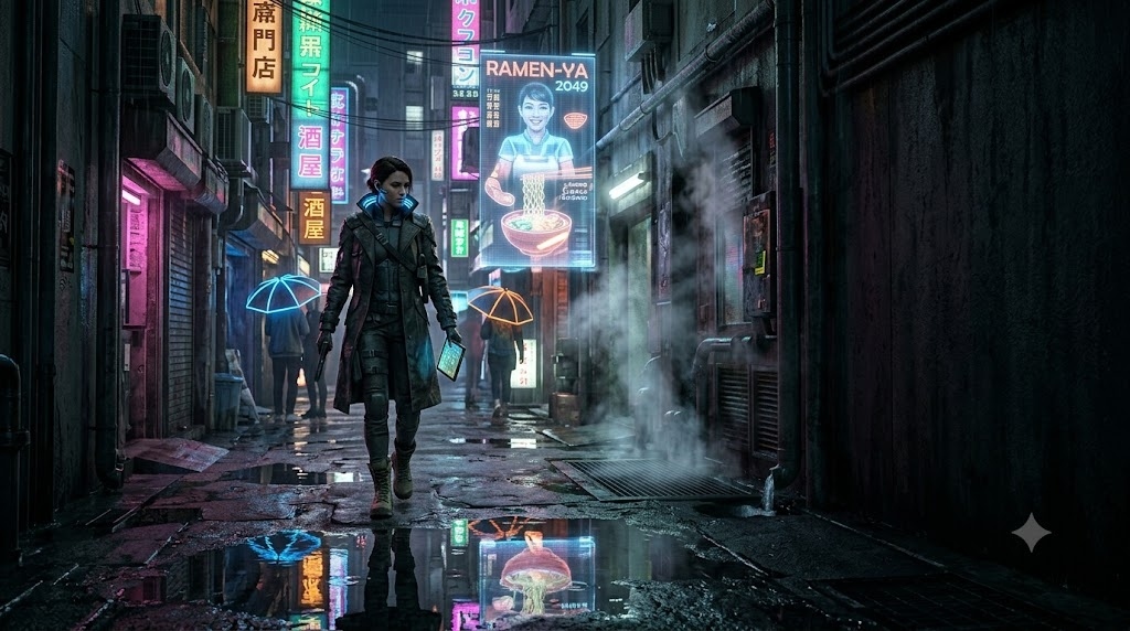 A lone female cyberpunk detective walking through 