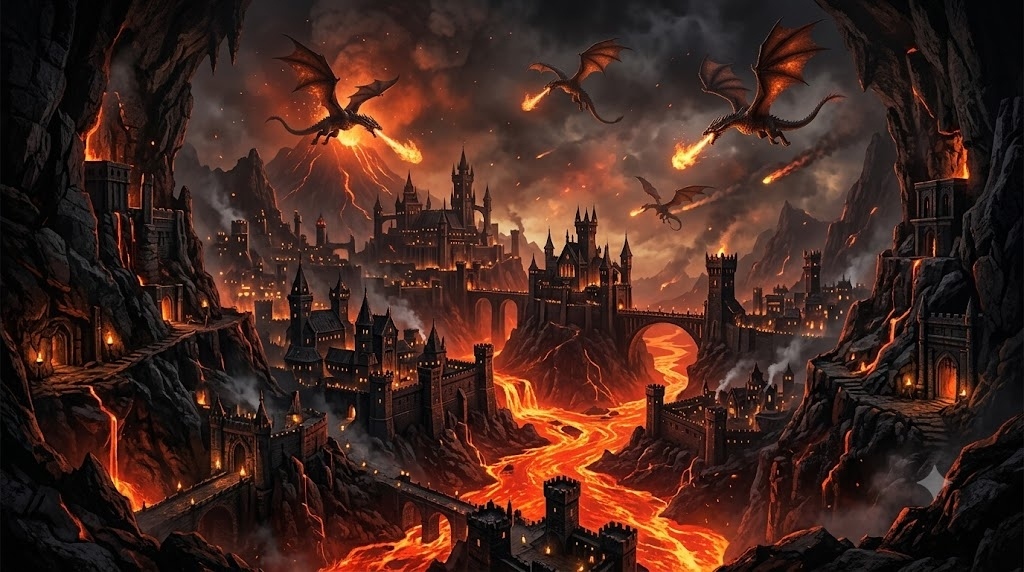A kingdom built inside an active volcano, glowing 