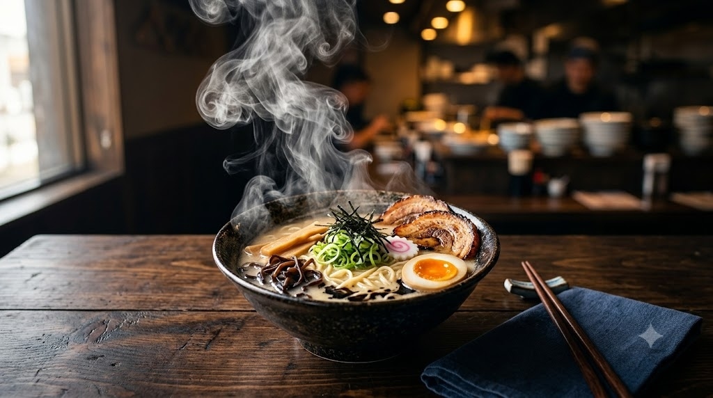 A gourmet ramen bowl on a dark wooden table, steam