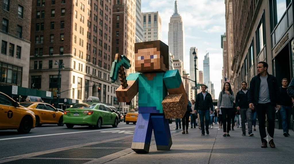 Minecraft steve in inrl in new york