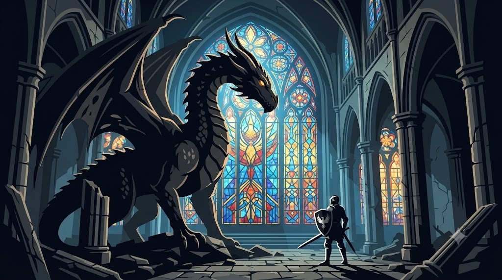 A lone knight standing before an enormous dragon i