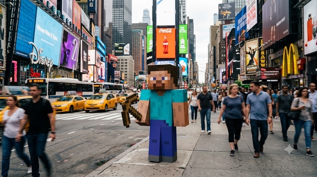 Minecraft steve in inrl in new york