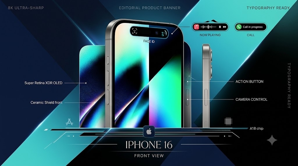 create 16:9 image product image for iphone 16 fron