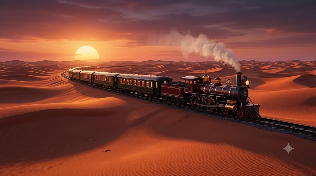 A vintage luxury train crossing endless desert dun