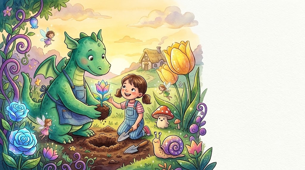 A friendly dragon helping a little girl plant flow
