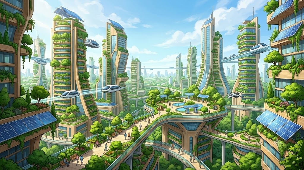 A futuristic eco-friendly city covered in vertical
