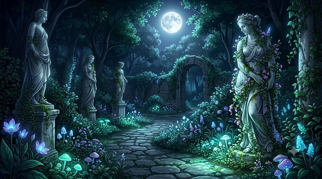A secret garden illuminated entirely by moonlight 