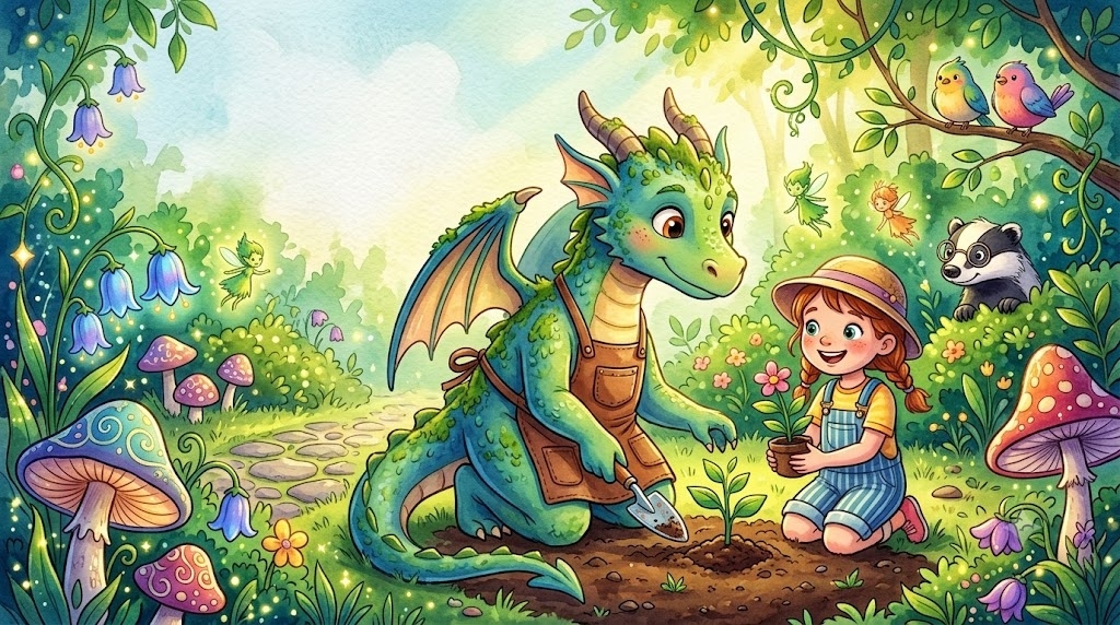A friendly dragon helping a little girl plant flow