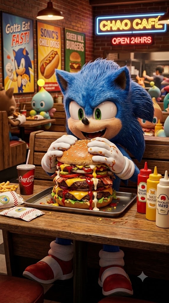 sonic 3d comiendo una super hamburguesa con ketchu