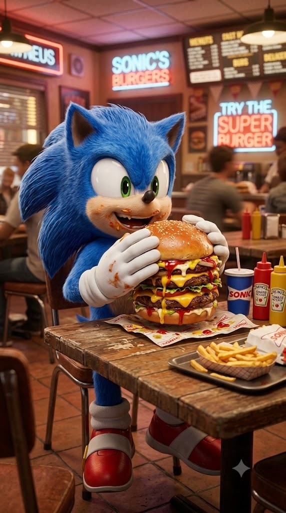 sonic 3d comiendo una super hamburguesa con ketchu
