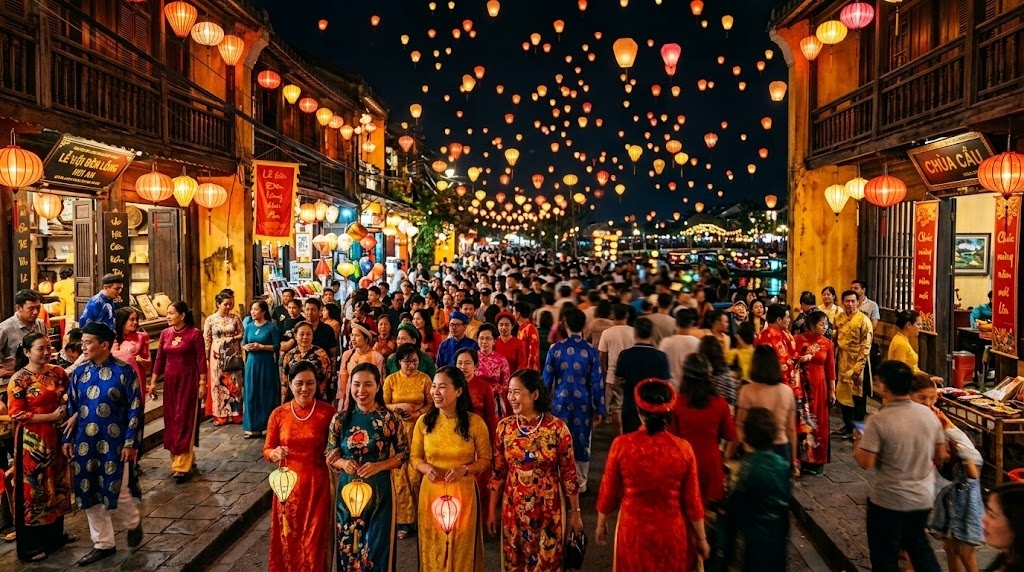 A vibrant night festival with thousands of glowing