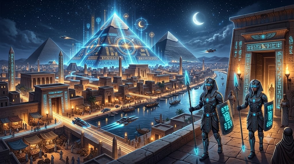Ancient Egyptian city at night with futuristic hol